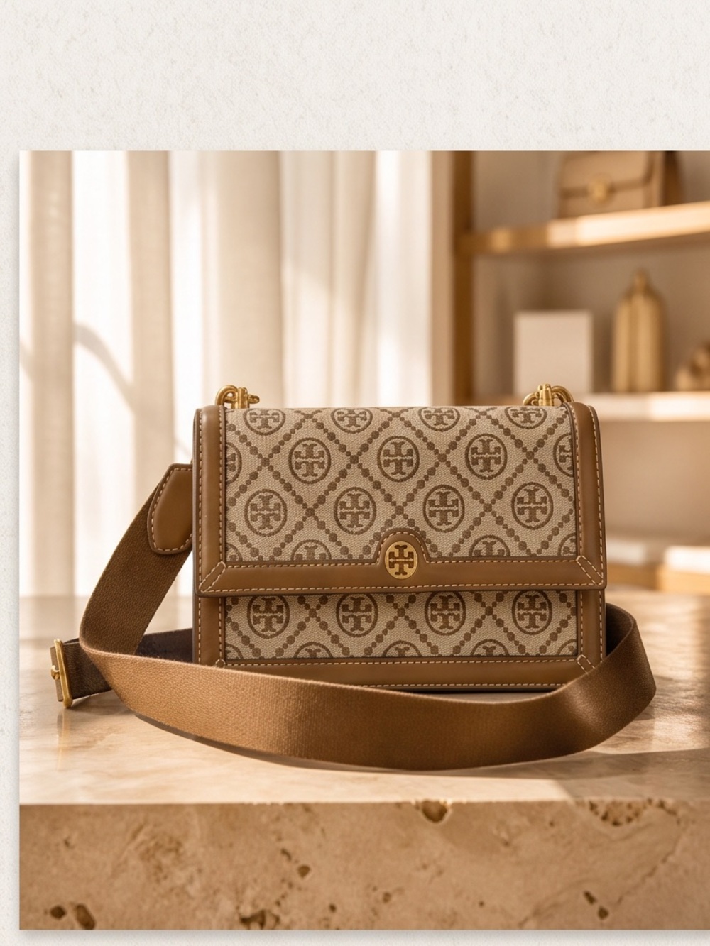 Tory Burch Tan & Beige Monogram Leather Jacquard Logo Canvas Crossbody